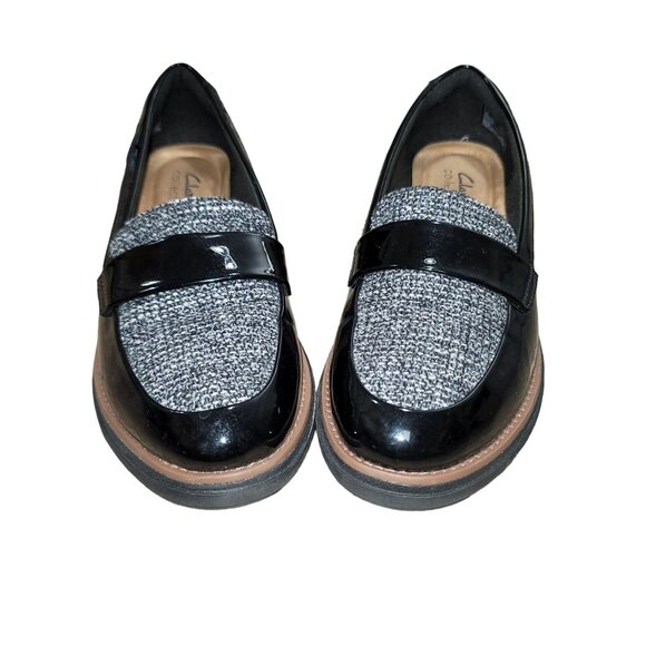 CLARKS Womens Black Wedge Chunky Penny Loafers Y2K 90s Career Preppy Academia 7 - Picture 2 of 9
